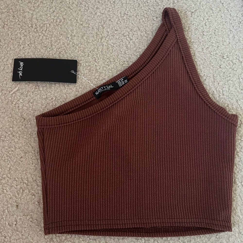 One-Shoulder Brown Ribbed Crop Top